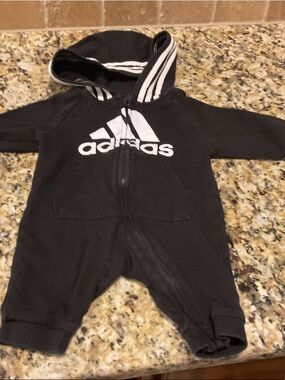 adidas Black Hooded Baby One-Piece with White Logo